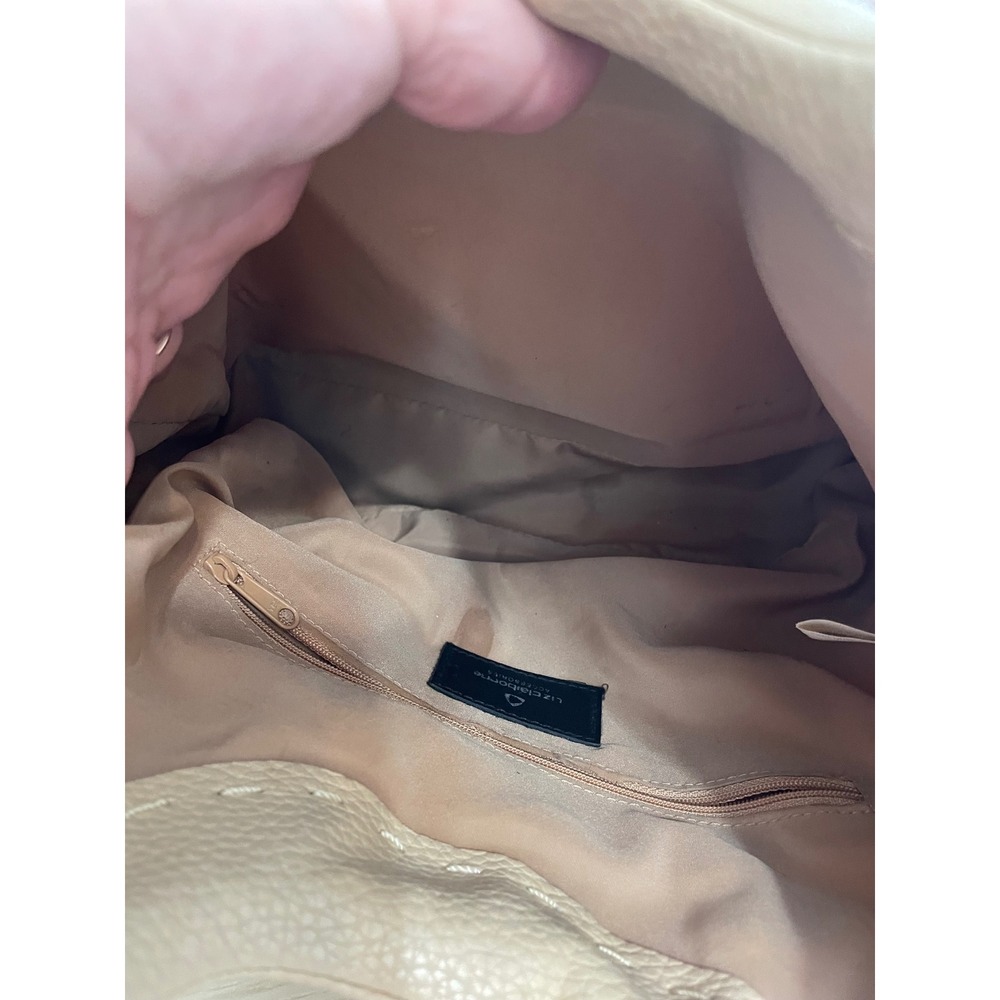 Boho Liz Claiborne Beige Pebbled Tote Bag Braided Handles Scalloped Studded Trim - Picture 10 of 11